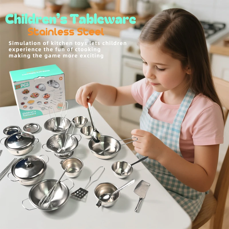 25PCS 스테인레스 스틸 주방 Playset 어린이 요리기구 주방 역할 놀이 교육 장난감 어린이를위한 소녀 소년 선물