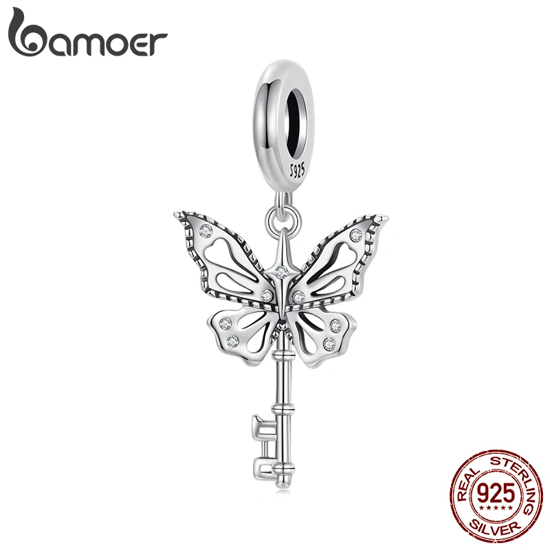 BAMOER Solid 925 Sterling Silver Butterfly Key Charm Pendant fit Original Bracelet DIY Jewelry Accessories bamoer Beads SCC3020