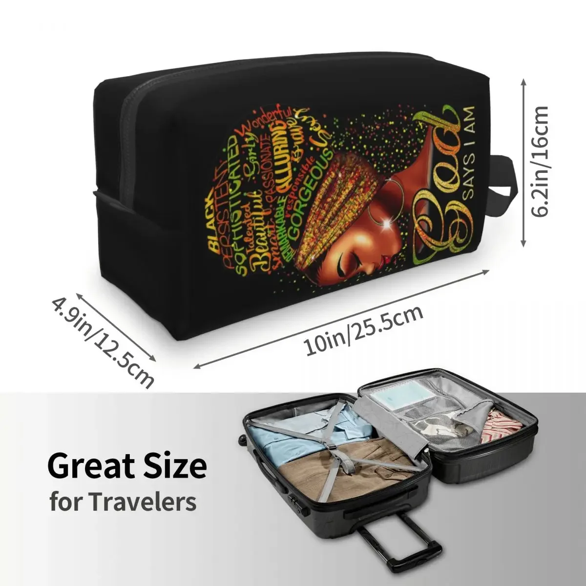 African American Girl Travel Toiletry Bag for Women God Says I Am Black Pride Cosmetic Makeup Organizer Beauty Storage Dopp Kit