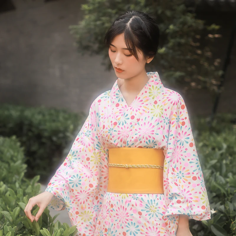 Women's Retro Style Summer Cotton Long Dress Japanese Traditional Kimono Firework Prints Yukata Cosplay Costume Photography