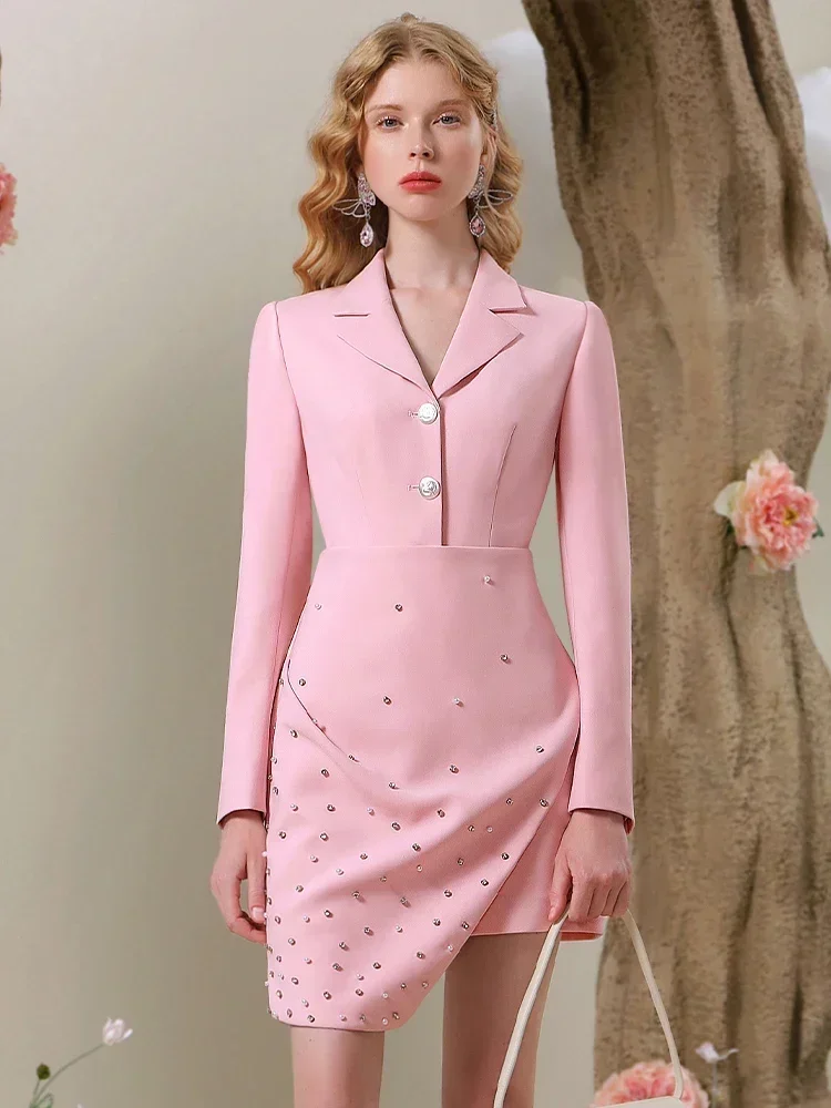 Elegant Fake Two Pieces Pink Suit Dress Female 2023 Autumn and Winter New Elegant Beaded Commuter Suit Balzer Dress for Women