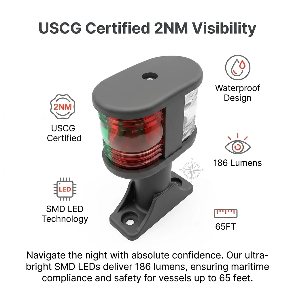 12V LED Tri-Color Marine Navigation Light, 2NM Visibility Waterproof Bow Stern Light for Sailboat Yacht Pontoon Under 65FT