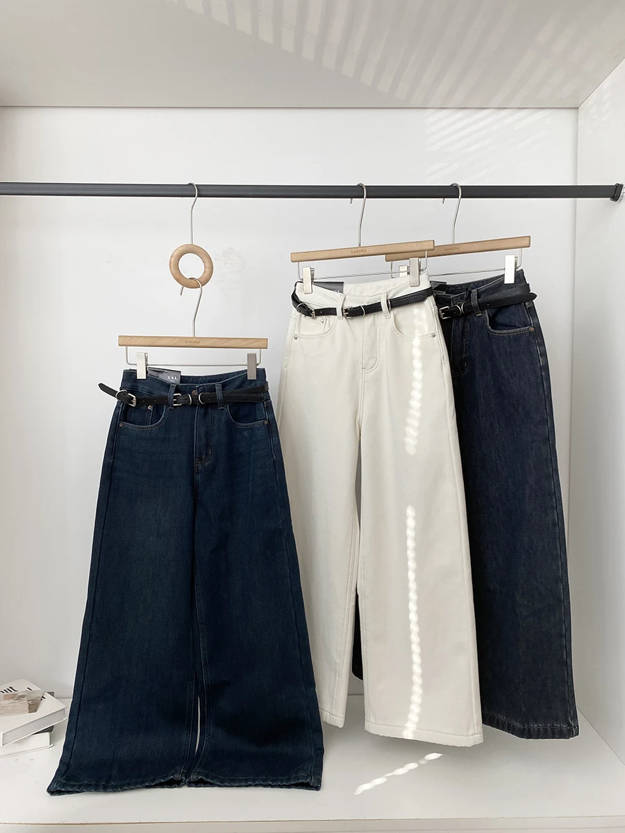 

Retro Commuter Style High Waist Fleece Lined Wide Leg Jeans Women's Winter New Fashion Korean Version Chic Denim Pants