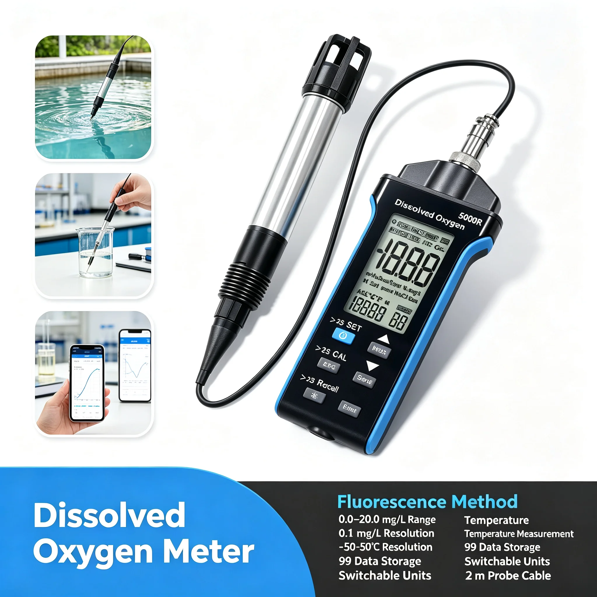 Fluorescence Dissolved Oxygen Meter DO Tester 0-20mg/L Temp ATC Smart Water Quality Analyzer for Aquaculture Aquarium Lab