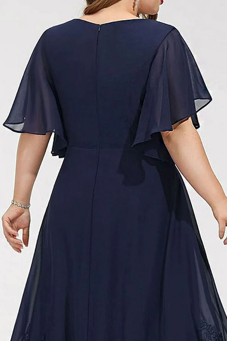 

Women's Plus Size Chiffon Lace Stitching Flutter Sleeve A-Line Summer Versatile Casual Dresses Blue Tunic High Waist Maxi Dress