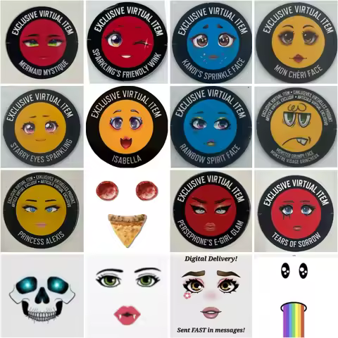 Virtual face collection cards Mermaid face Starry eyes face Roblox face Friendly wink face Digitally delivery