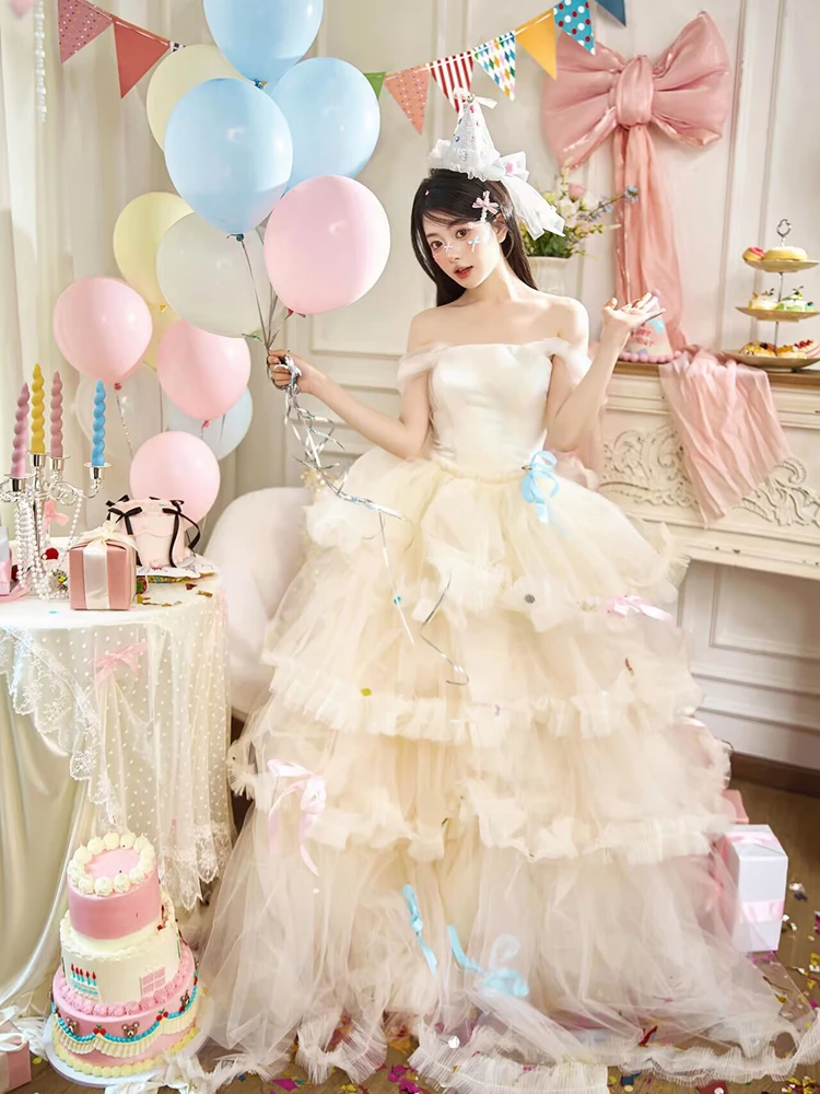 

Princess Style Birthday Party Adult Ceremony Heavy Embroidery Off-Shoulder Puffy Skirt Wedding Dress Elegant Unique Design