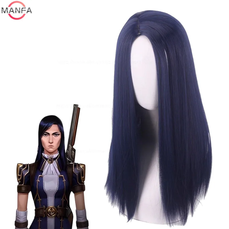 Peluca de Cosplay Arcane Caitlyn, pelo sintético largo liso de color azul oscuro, resistente al calor, pelucas juveniles de Anime Jinx + Wi