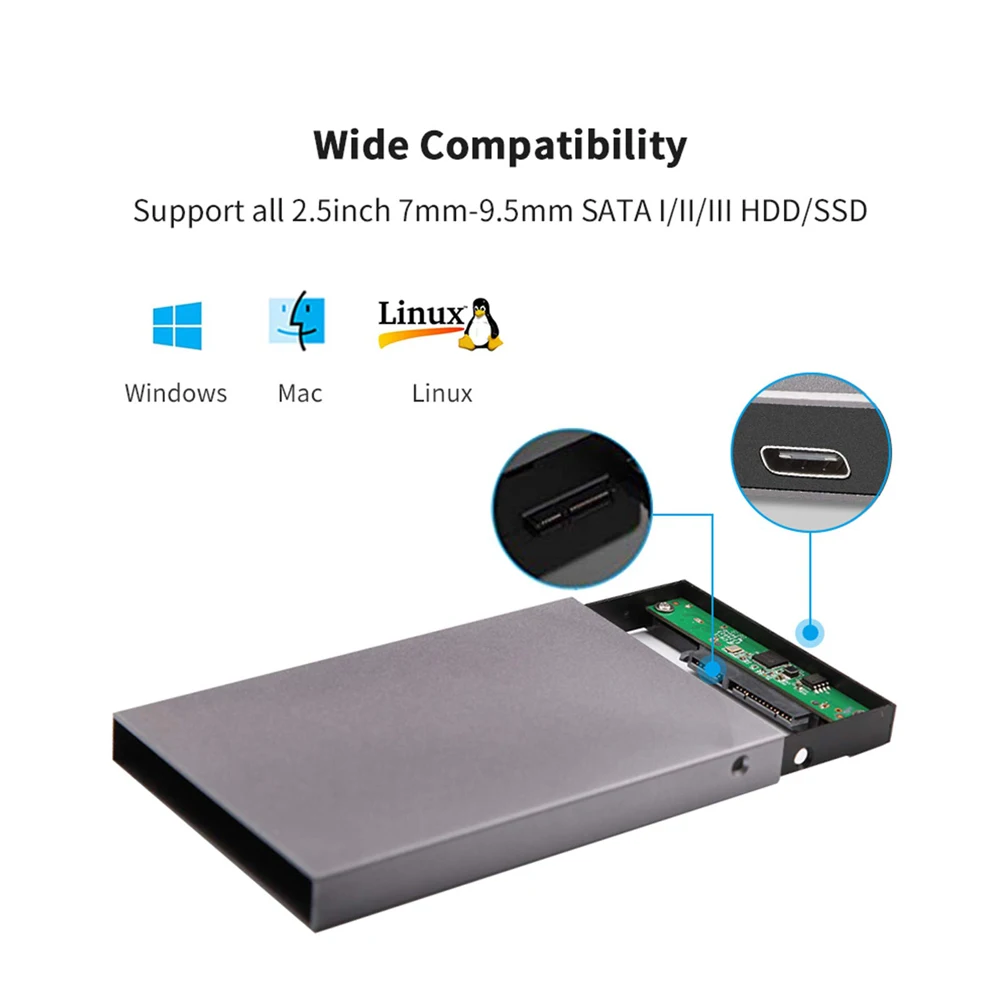 SSK Aluminium 2,5 Zoll Festplattengehäuse USB C 3.1 6 Gbit/s zu SATA Externer Festplattengehäuseadapter SATA HDD SSD mit UASP-kompatibel