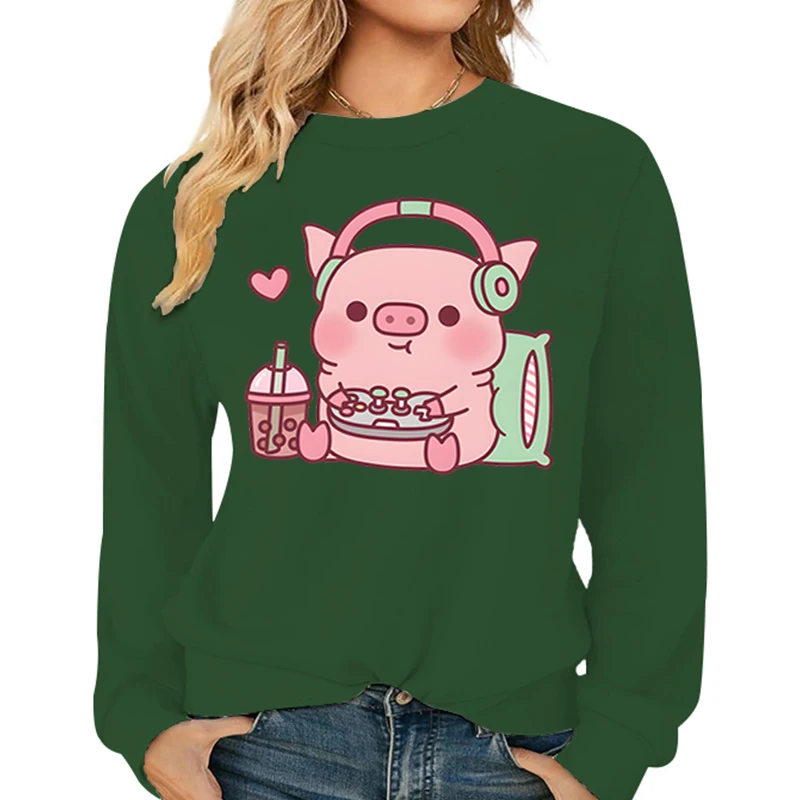 Casual Cartoon Women Sweatshirts Cute Gamer Pig Printed Hoodies Fleece Warm Pullover Street Crewneck Loose Female Y2K Tracksuit