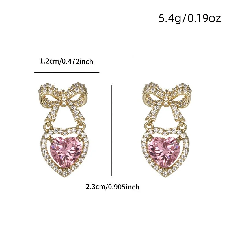 جديد أنيق الحلو الوردي الزركون القلب إسقاط أقراط للنساء الفاخرة رائعة Bowknot كريستال أقراط Y2K الجمالية مجوهرات هدية