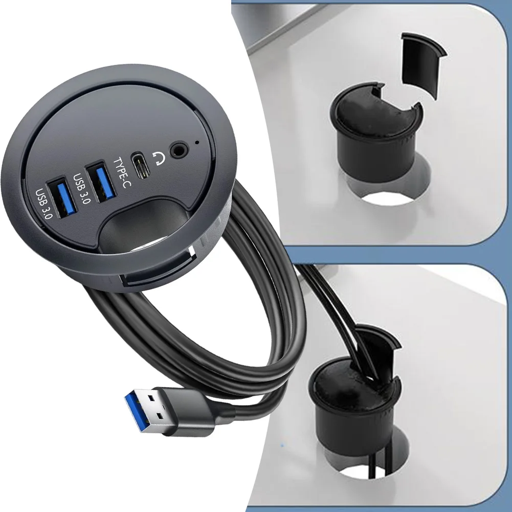 USB 3 0 Desk Grommet Hub with Dual Audio Output Compact Solution for Connecting Multiple Devices on Your For Desktop