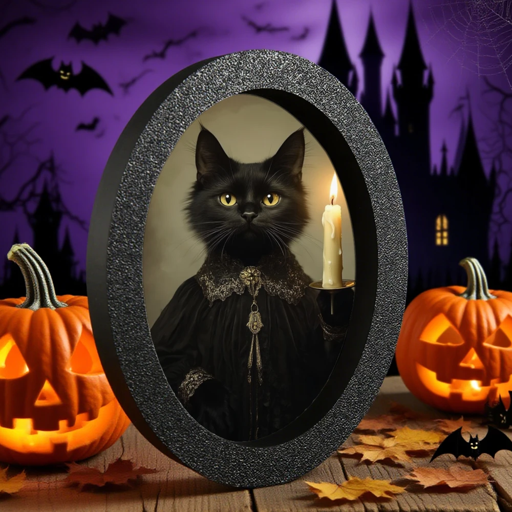Grenzüberschreitende ovale schwarz gerahmte Dekoration mit Gothic-Szene einer schwarzen Katze mit Kerze, ideal für Halloween/Retro-Spa