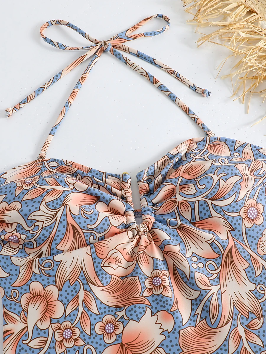 2026 Floral Halter Swimsuit U Neck Monokini Women One Piece Sexy Swimwear Female Beachwear Bathers Bathing Swimming Swim Suit