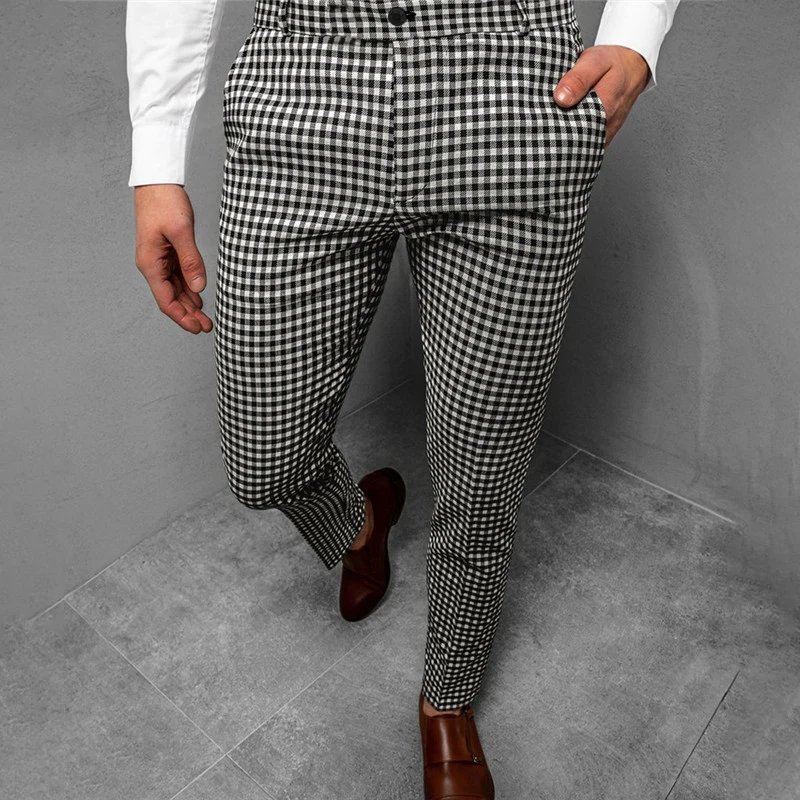 Summer Men's Business Straight Pants Fashion Plaid 3D Printed Small feet Dress Pants Comfortable Casual Pants