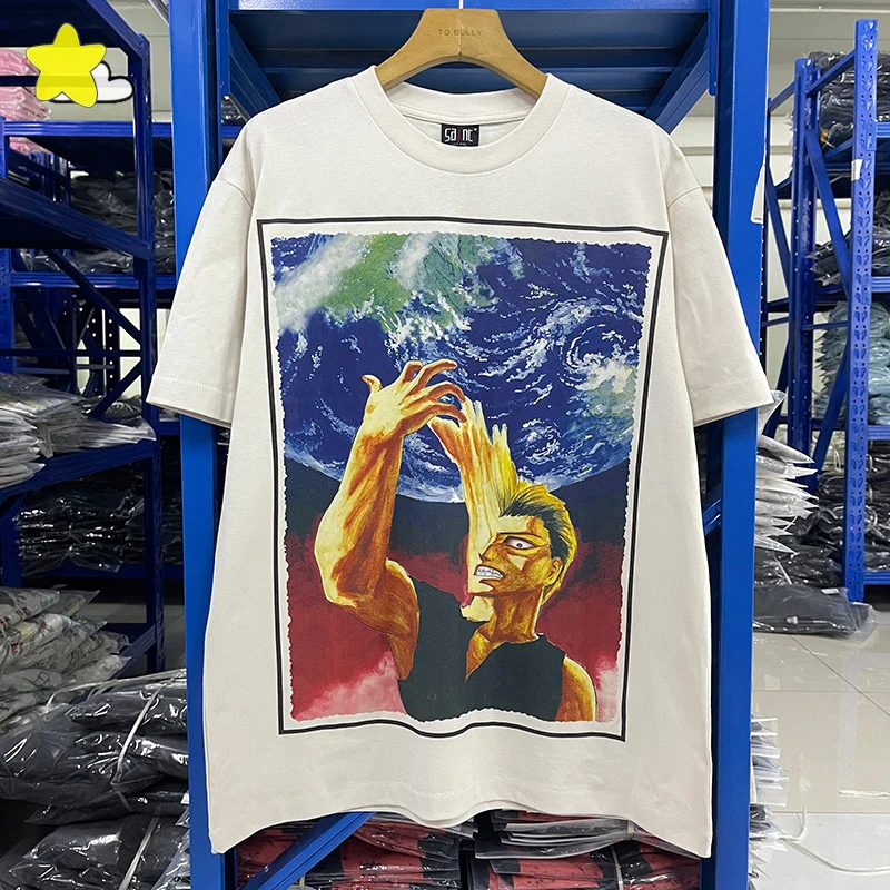 

2025 Summer Oversized Vintage Cement White Saint T Shirt Men Women Best Quality Cotton T-Shirt Cartoon Oil Painting Print Tee