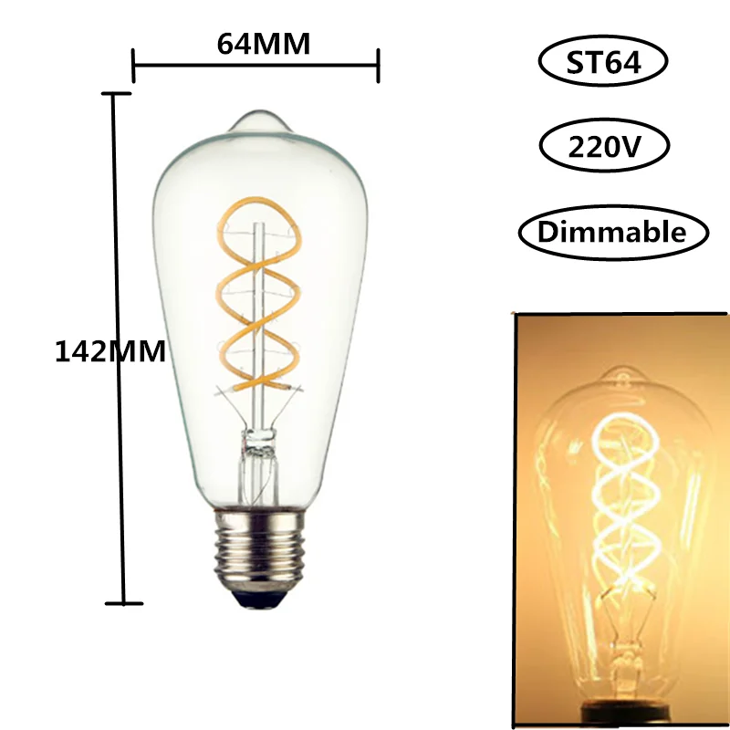 LED Bulb ST64 E27 4W 220V 110V 2700K Dimmable Vintage Spiral Filament Blubs Retro Incandescent Decoration Lighting Lamp Ampoule