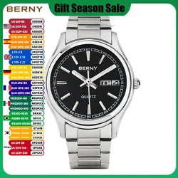 BERNY Luxury Quartz Watch for Men Ultra-thin Japan Movement Stainless Steel Calendar Dress Waterproof Simple Male Wristwatch