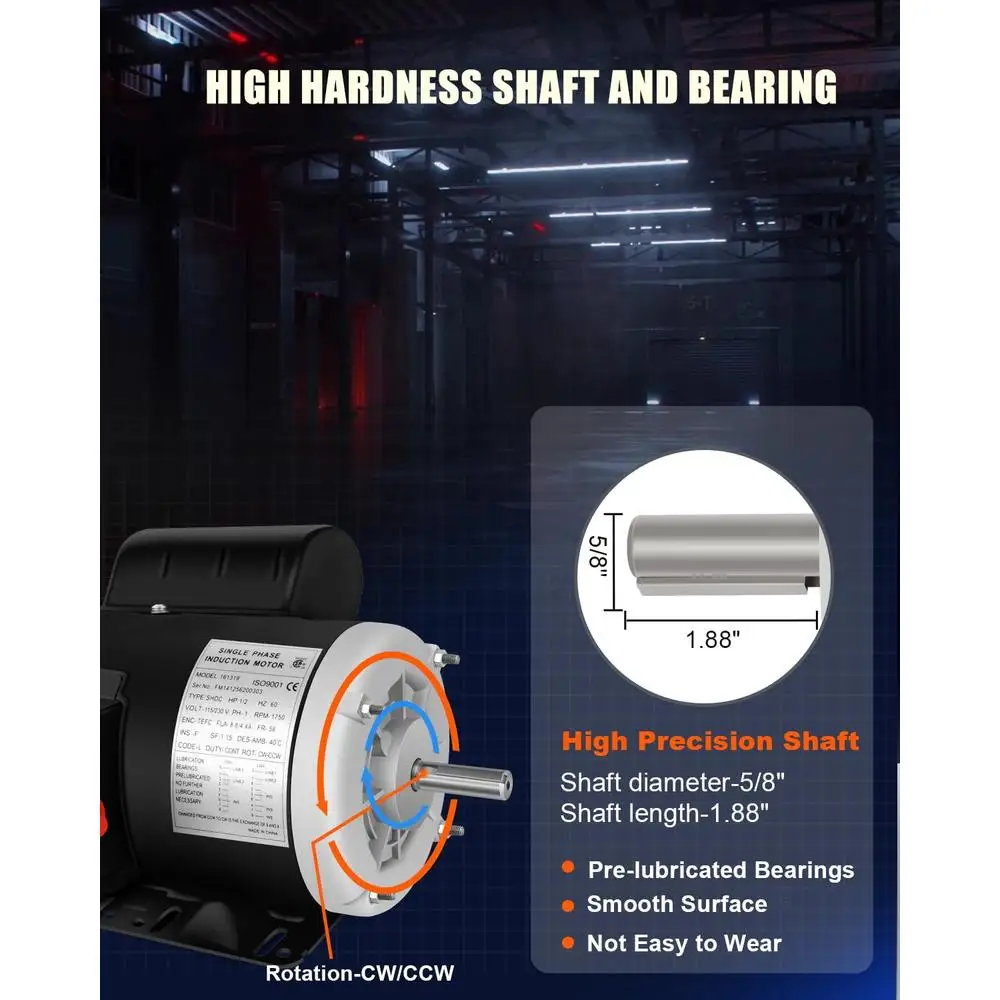 1/2 HP Electric Motor 1750 RPM Single Phase 115/230V Farm Duty Keyed Shaft IP55 Compact Structure CSA Certified Agricultural
