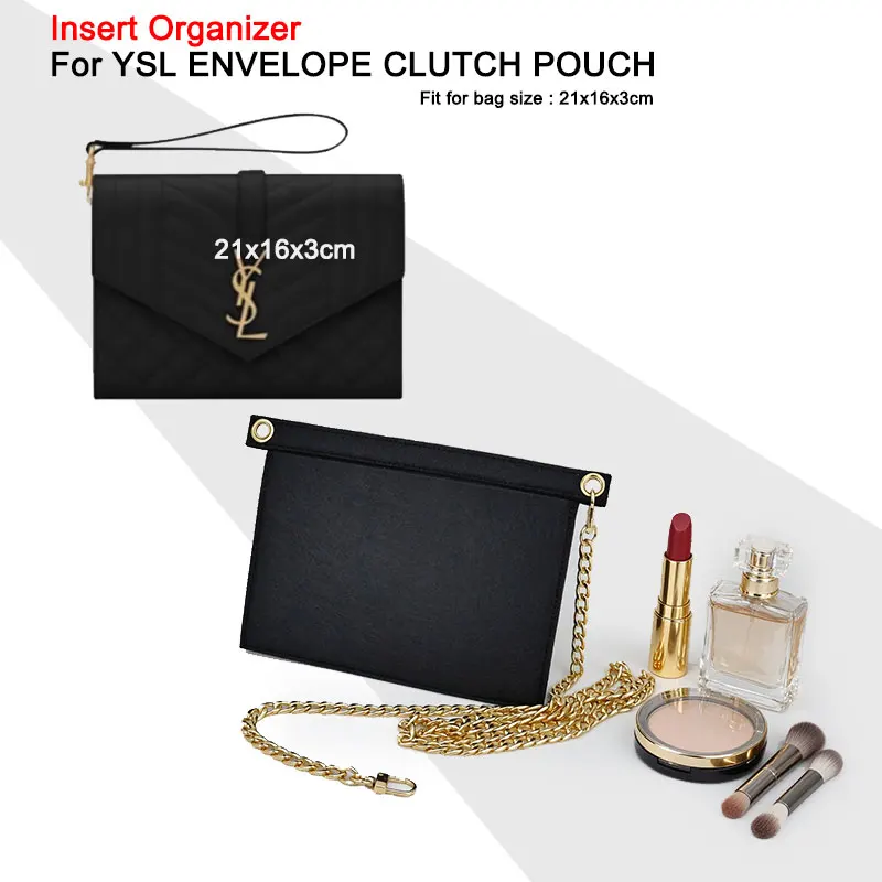 Organisateur en feutre pour pochette à rabat Y S L ENVELOPE CLUTCH, sac intérieur, doublure intérieure, modèle ajustable, livré avec une chaîne en métal doré de 120 cm.
