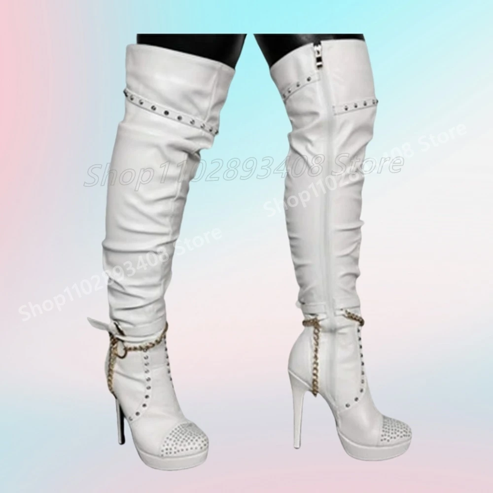 White Crystals Metal Chain Decor Over the Knee Boots Rivets Platform Fashion Sexy Women Shoes 2025 Spring Hot Girls Para Mujere