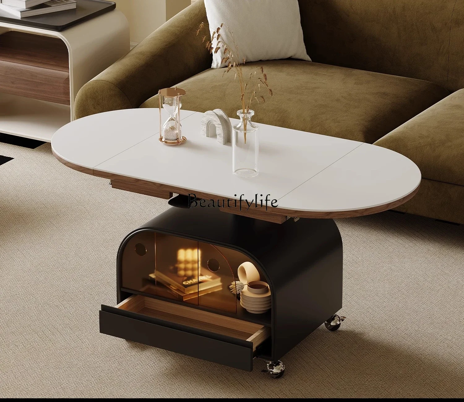 

yj32 Italian minimalist oval rock slab dining table tea table two-in-one folding lifting living room 2025 new