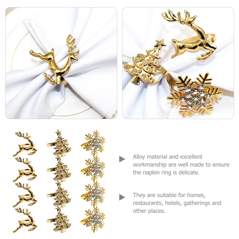 

12pcs Christmas Deer Napkin Rings Golden Alloy Material Elegant Table Decorative Buckles For Party Xmas Dining Decors