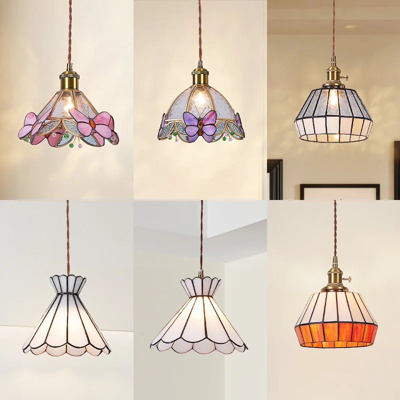 

Retro Colorful Glass Copper LED Pendant Lights Romantic Decor Kitchen Bedroom Living Room Bedside Pastoral Creative Hanging Lamp