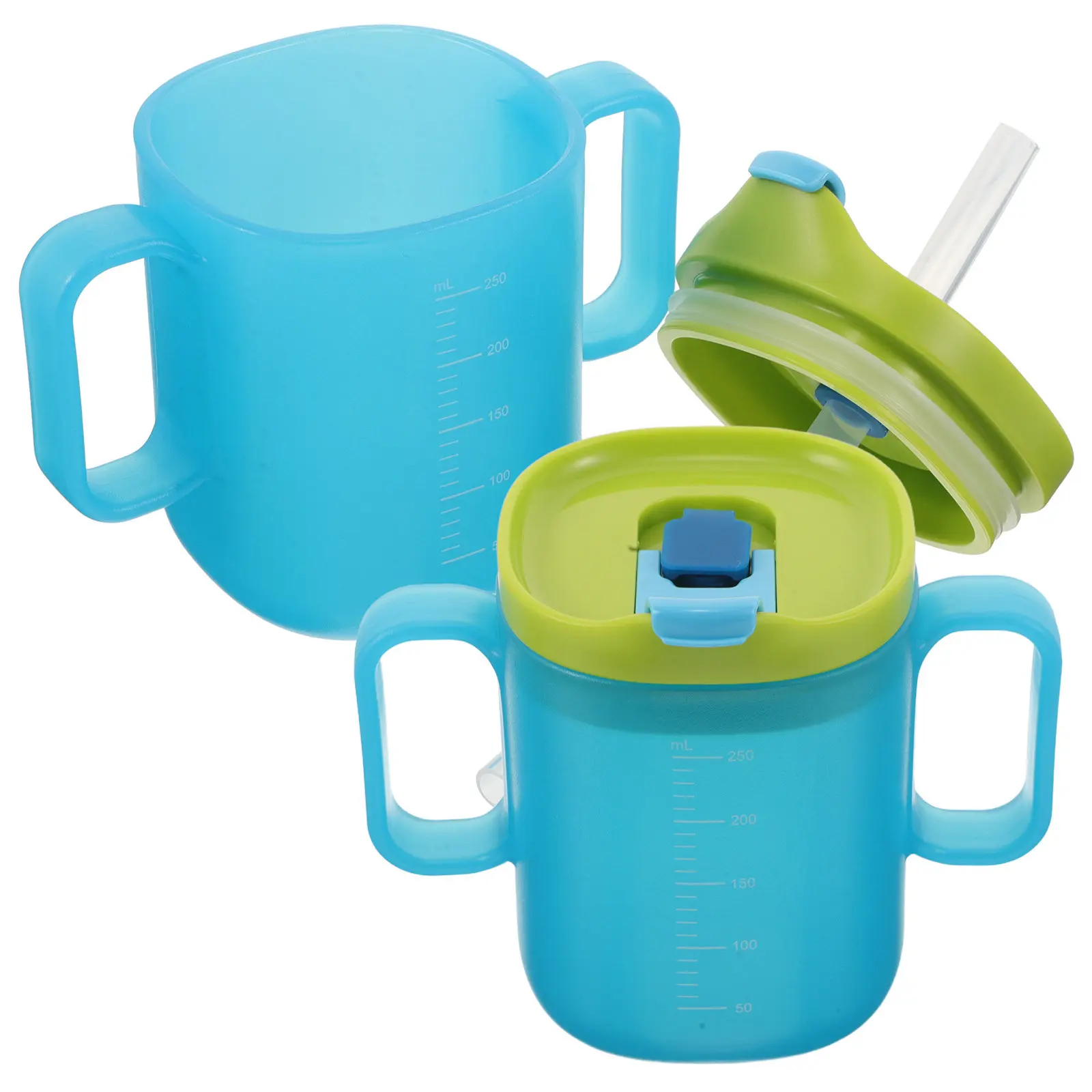 

2Pcs Multifunctional Elderly Nursing Spill-Proof Cups Sky Blue 250Ml Clear Measuring Straw Cup Daily Hydration Milk Feeding