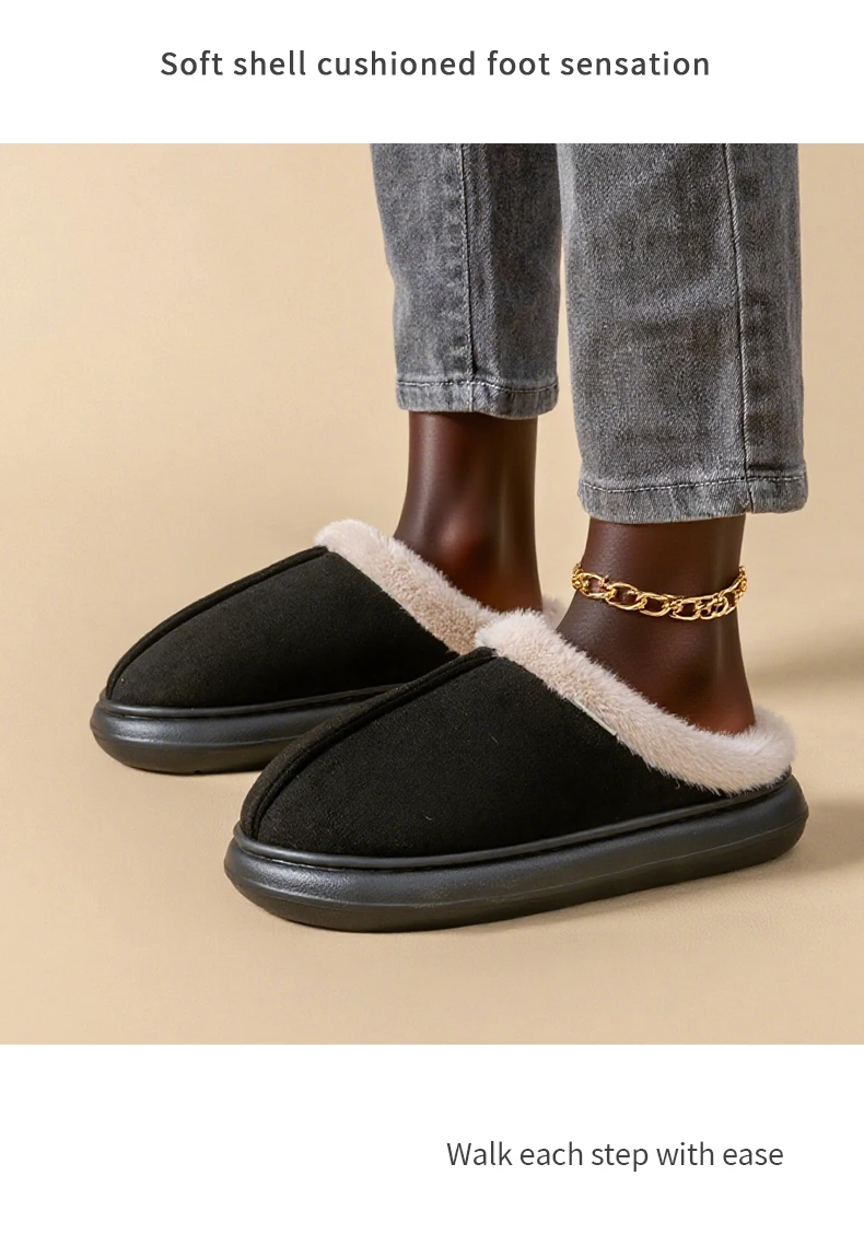 Modische, flauschige Plateau-weiche Hausschuhe für Damen, Plüsch, warme Baumwollschuhe, bequem, rutschfest, Herbst-Winter, Unisex-Hausschuhe – Detail 11