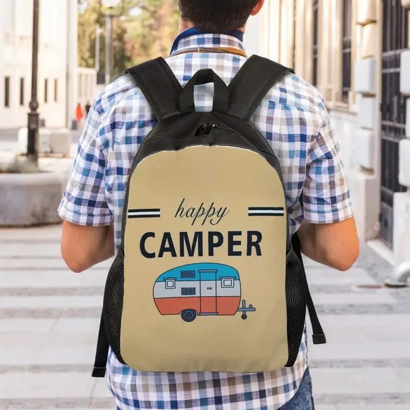 Happy Camper ransel Travel pria wanita tas sekolah komputer tas buku kartun RV petualangan mahasiswa Daypack tas