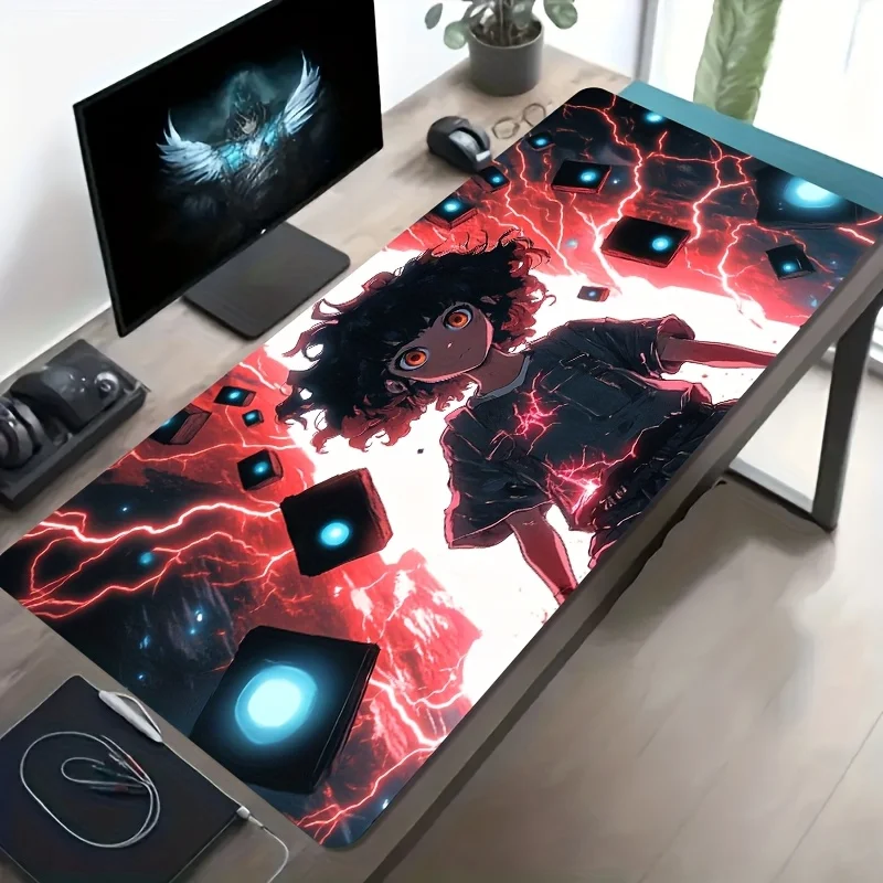 Large Gaming Mouse Pad,Desk Mat,Anti-slip,Stitched Edges,Soft Rubber,Curly Hair Red Lightning Boy Anime Deskpad For Office Use