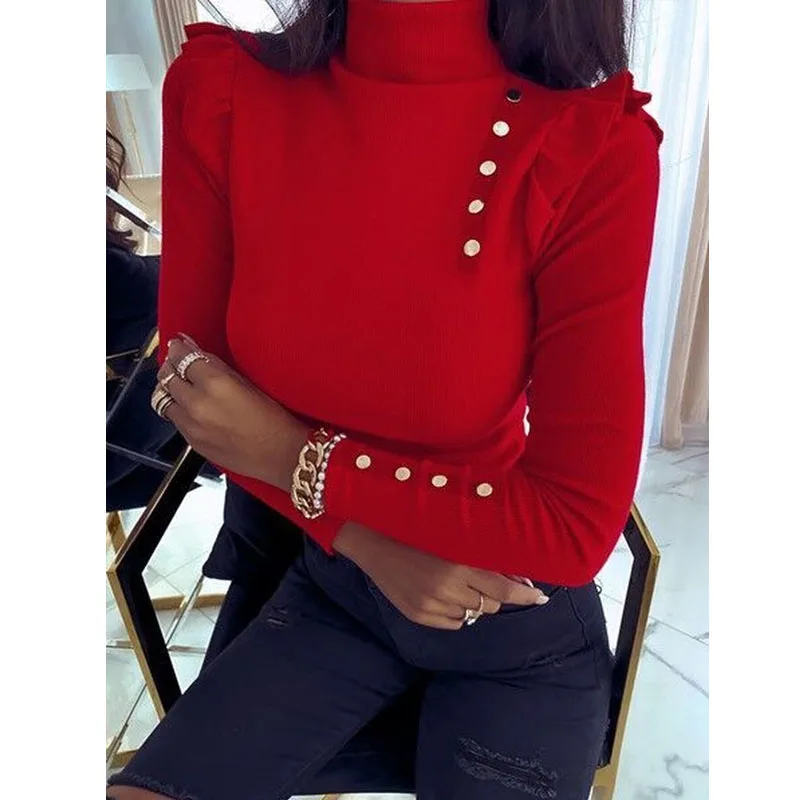 Sweater Turtleneck Fashion Atasan Rajut Jumper Wanita Ramping Solid Kancing Musim Dingin Sweater Wanita Tanpa Kancing Lengan Panjang Ruffle 12587