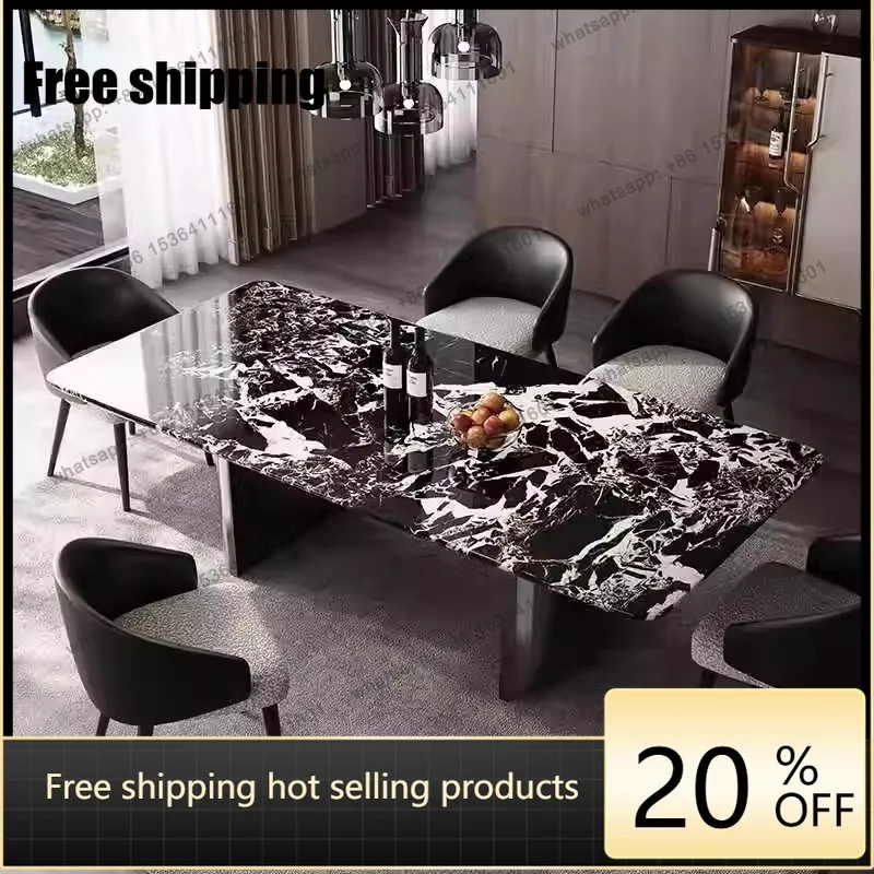 LJY Italian minimalist black gold sand dining table villa restaurant black gold marble rectangular stainless steel suspension