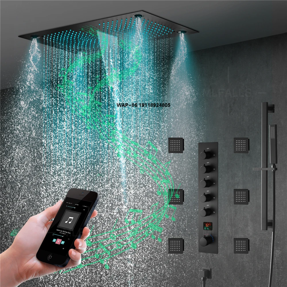 

NEW 6 Functions Luxury Bathroom Shower Faucet Brush Gold 64 Color Wall Mounted Thermostatic Shower Set With Music