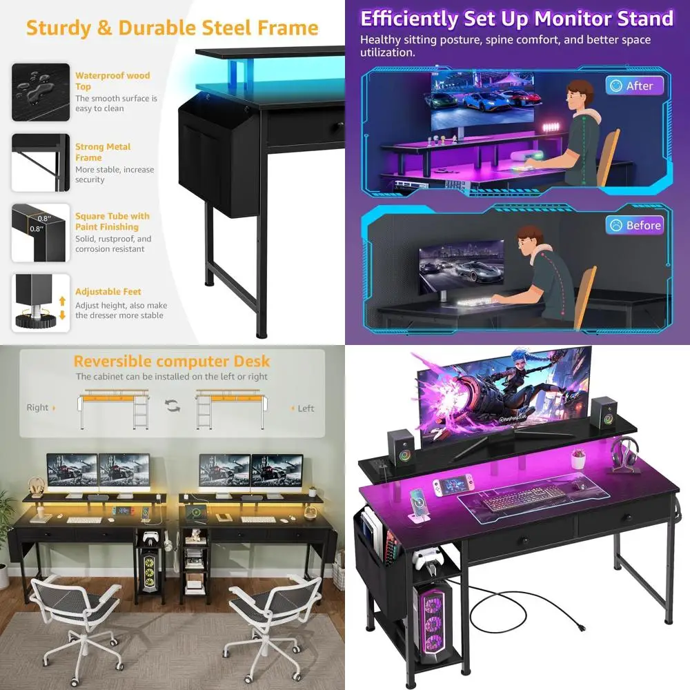 

Компактный игровой стол черного цвета 39 дюймов с полками для хранения и выдвижными ящиками для мальчиков и подростков, включая подставку для монитора и розетку.