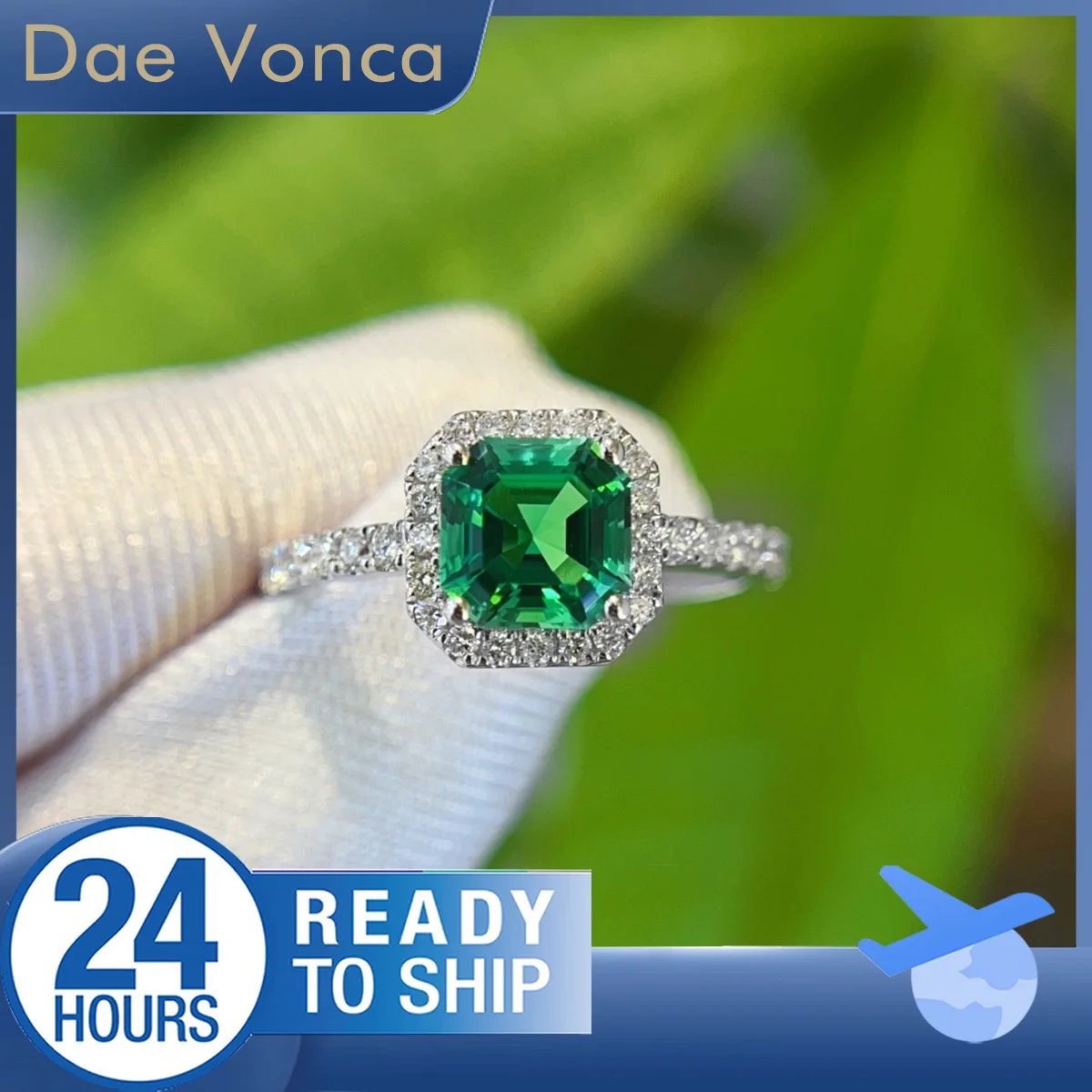 

Cushion Cut Lab Grown Emerald Accented by Round Cut Lab Diamond Ring 18K White Gold Halo Half Eternity Ring For Women