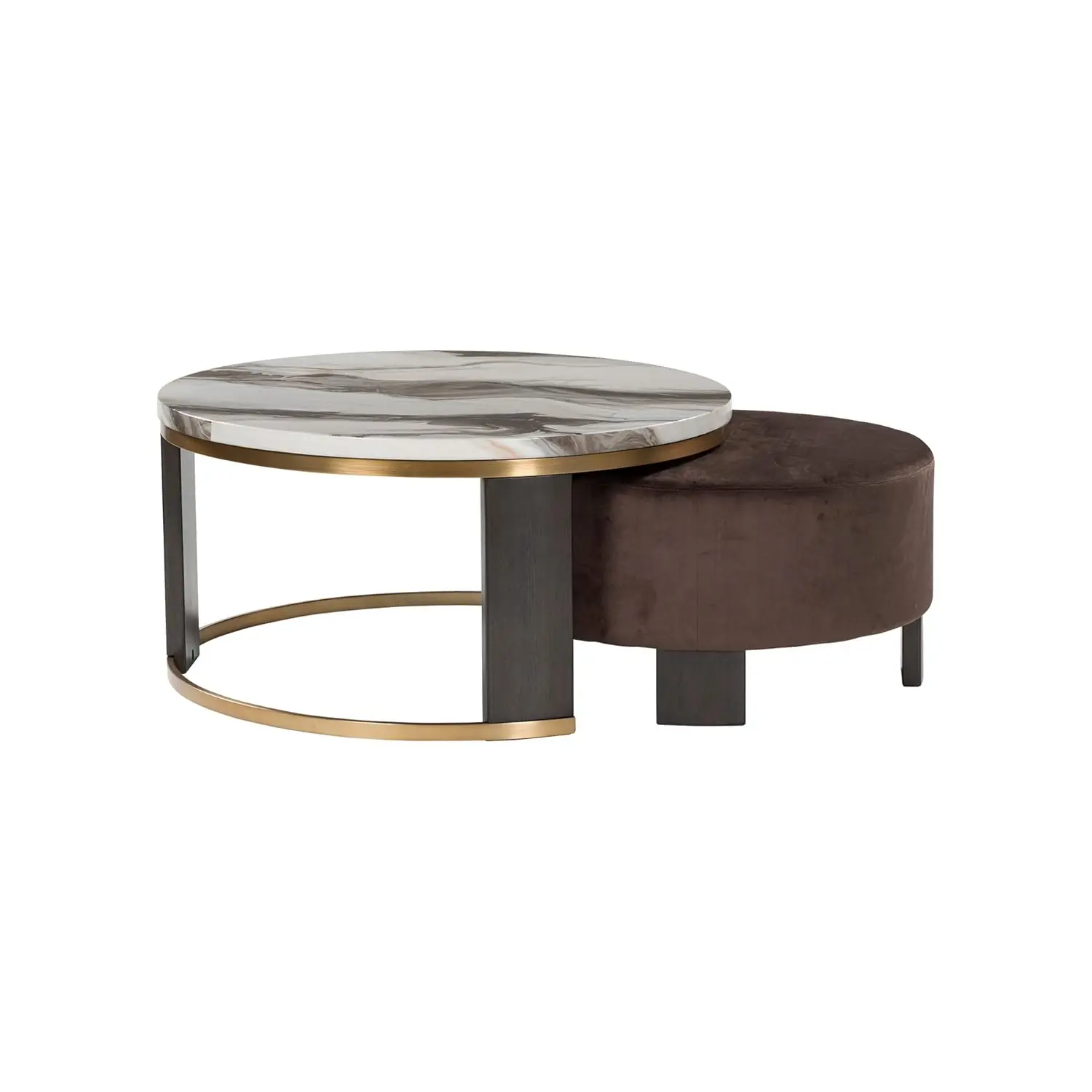 

Contemporary Faux Marble Nesting Coffee Table With Velvet Upholstered Ottoman, Set Of 2, White & Dark Brown