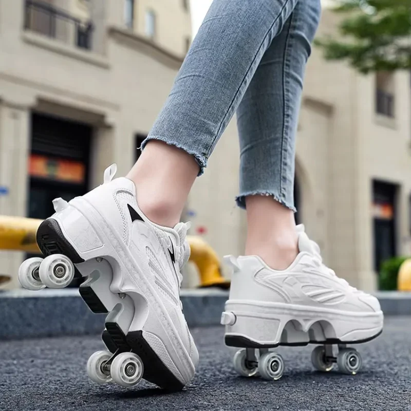 

PONERAIT Shoes With Wheel PU leather Knob Adjustment Roller Sneakers New Deform Parkour Skates Shoes For Girls Special Gift