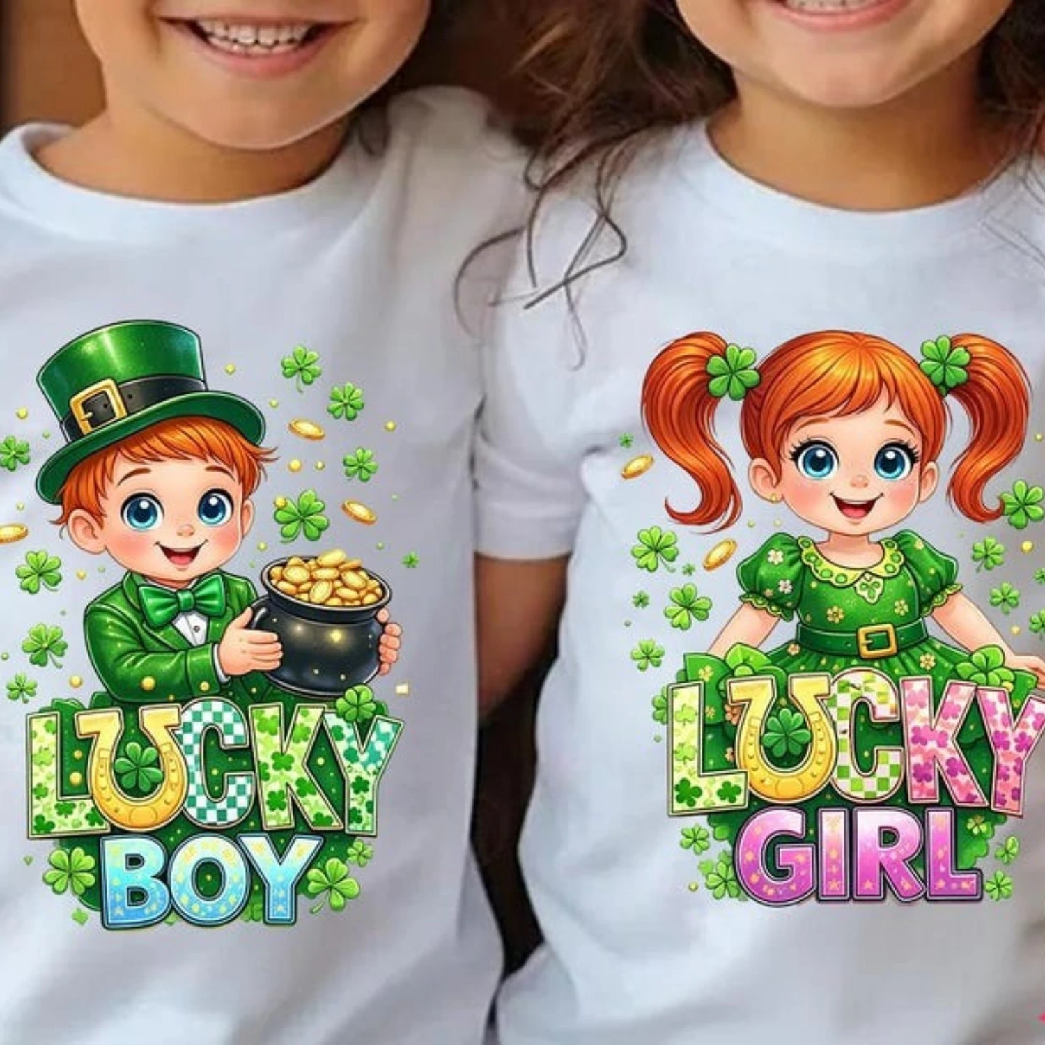 Luck Girl Boy St Patrick’s Day Shirt Design Irish Clover Kids Graphic Download Cute and Funny Cartoon Short-sleeved Shirt