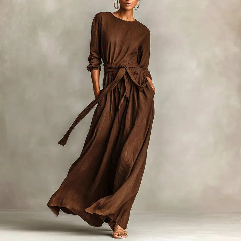 เดรสยาวลำลองสไตล์โบฮีเมียน แขนยาว คอทรงโอ มีกระเป๋า เอวสูง ผูกโบว์  สำหรับผู้หญิง  ใส่ได้ทั้งฤดูใบไม้ผลิและฤดูใบไม้ร่วง  ดีไซน์เรียบหรู