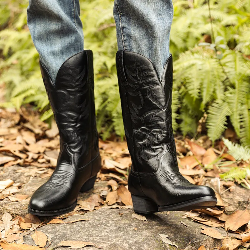 

New Men Handmade Cowboy Boots Embroidery Western Boots Pointed-toe Mid-calf Male Boots Slip on Men Riding Boot Zapatos Hombre
