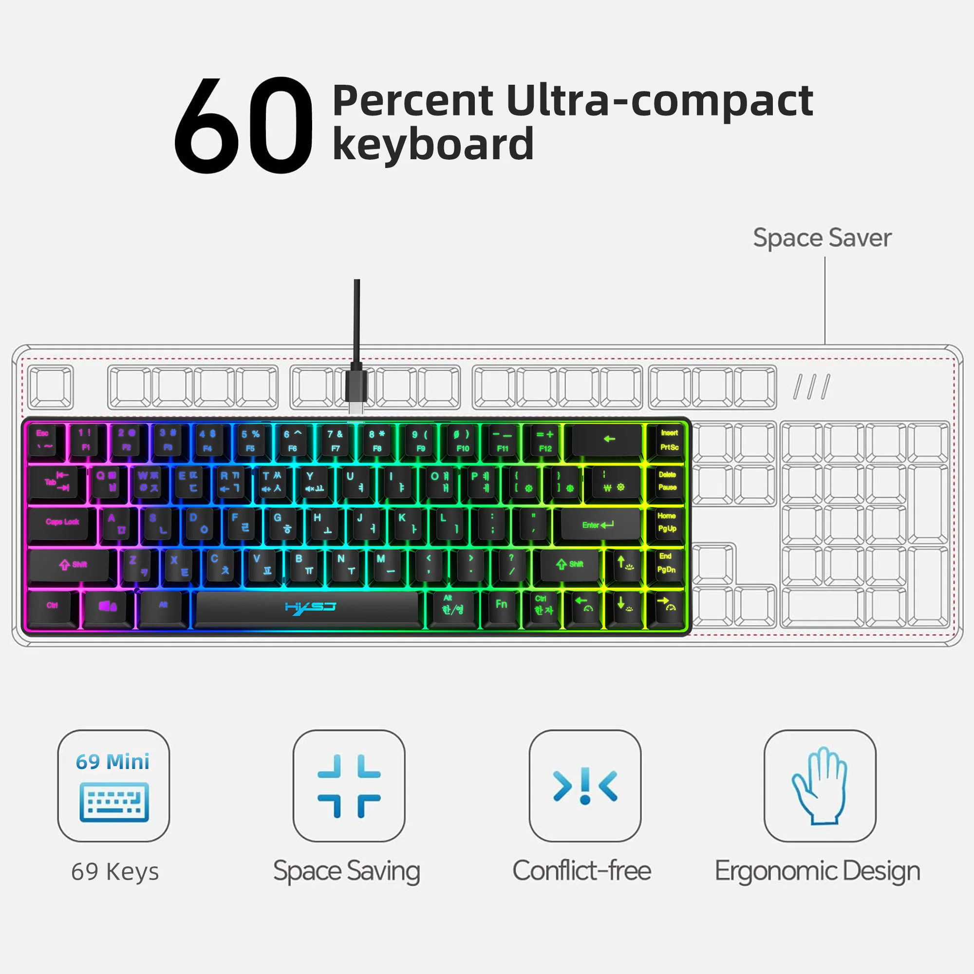 

Portable HXSJ V200 68-key Korean gaming Keyboard, 65% RGB Backlit Wired office membrane Keyboard for Desktop PC and Laptops