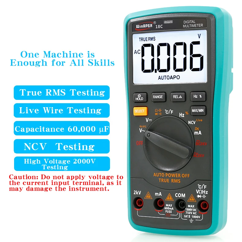 18C Digital Large Screen Multimeter, Measures Phase-to-Phase Voltage up to 2000V, AC/DC Voltage up to 2KV High Voltage Meter