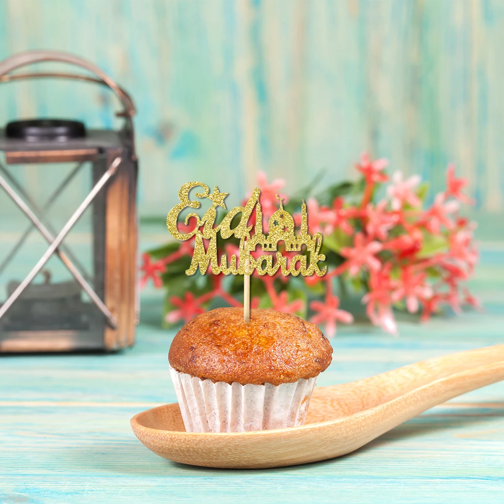 12/24pcs Glitter Gold Eid Mubarak Cupcake Toppers Moon Star Ramadan Kareem Cake Decor Islamic Muslim Party Baking Cake Supplies