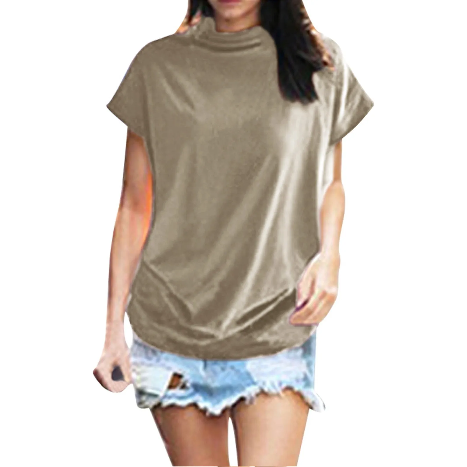 

Women Turtleneck Short Sleeve Tee Cotton Solid Color Casual Blouse Loose Tops Plus Size 2024 T Shirts Women Blusas Para Dama