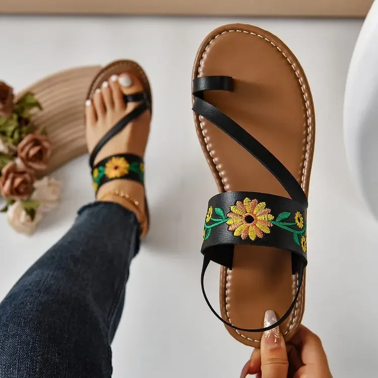 

Toe Sandals for Women Plus Size Women's Shoes New Style for Outerwear Flat Bottom Embroidered Sandals for Women