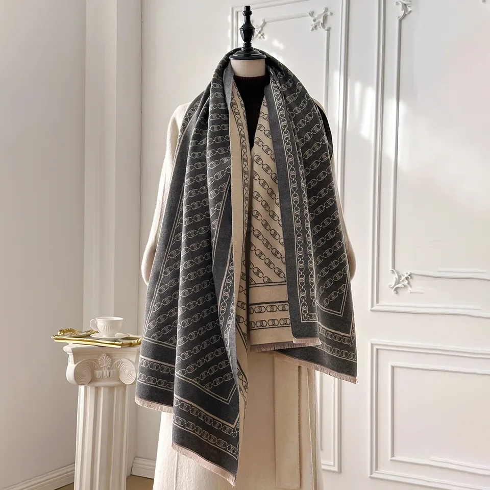 2025 겨울용 여성용 캐시미어 스카프 체인 프린트 파시미나 숄 랩 넥커치프 여성용 부판다 에샤르프 디자인 헤드밴드