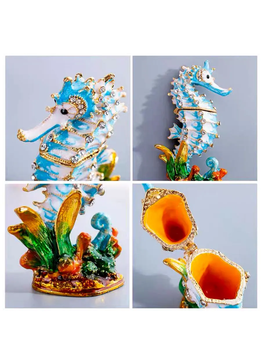 Hand Painted Metal Seahorse Figurine Jewelry Storage Box Creative Animal Trinket Organizer Gift Collection Decor