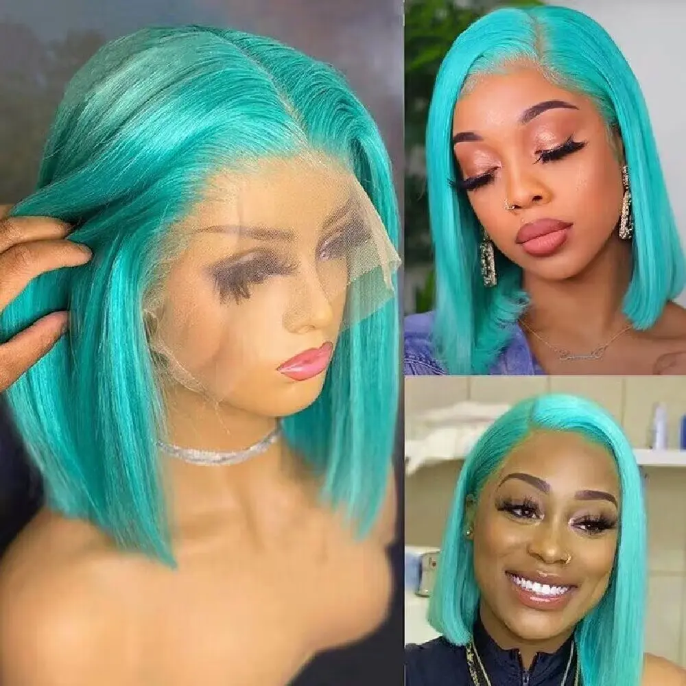 

Mint Green lace Wig Straight Hair Short Bob Bouffant Cut Human Hair Wig Natural Hairline Front lace 13x4 HD Clear lace Real Hair